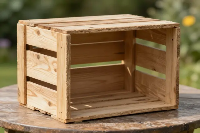 An upturned light wooden crate sits as a product display on a weathered garden table with blurred green foliage behind
