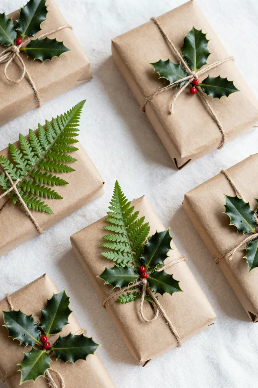 Top view of Christmas gifts wrapped in brown kraft paper decorated with holly, ferns and jute twine arranged on white linen.