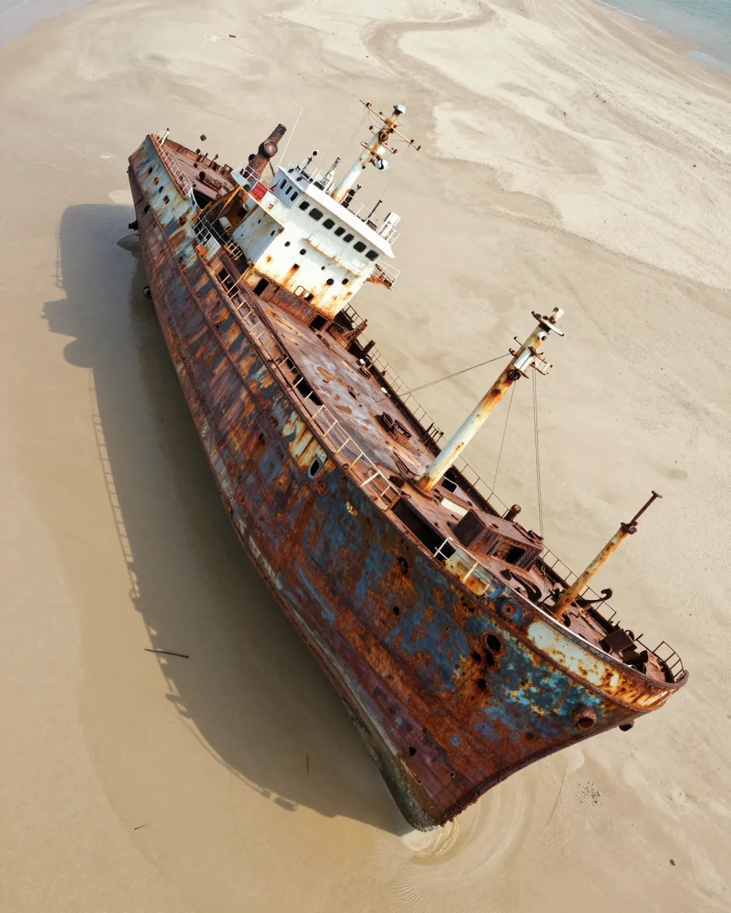 A top-down aerial view of a corroded, half-buried shipwreck resting on a sandy beach near the shoreline