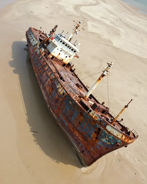 A top-down aerial view of a corroded, half-buried shipwreck resting on a sandy beach near the shoreline