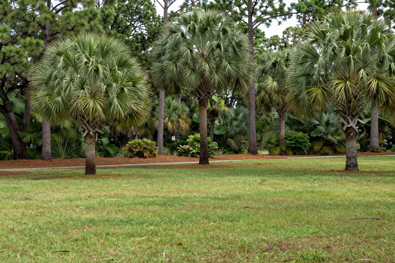Park lawn with sabal palm trees set beneath a backdrop of tall pine trees and low shrubs.