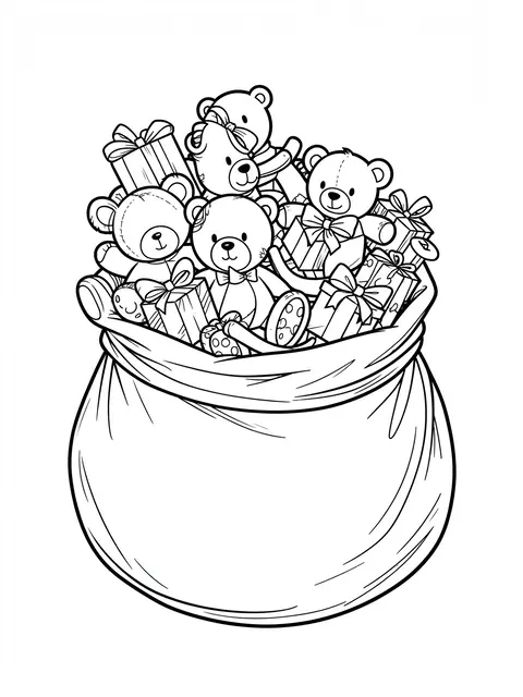 Black and white line art of a bulging sack overflowing with teddy bears, gift boxes and rocking horse parts on a plain white