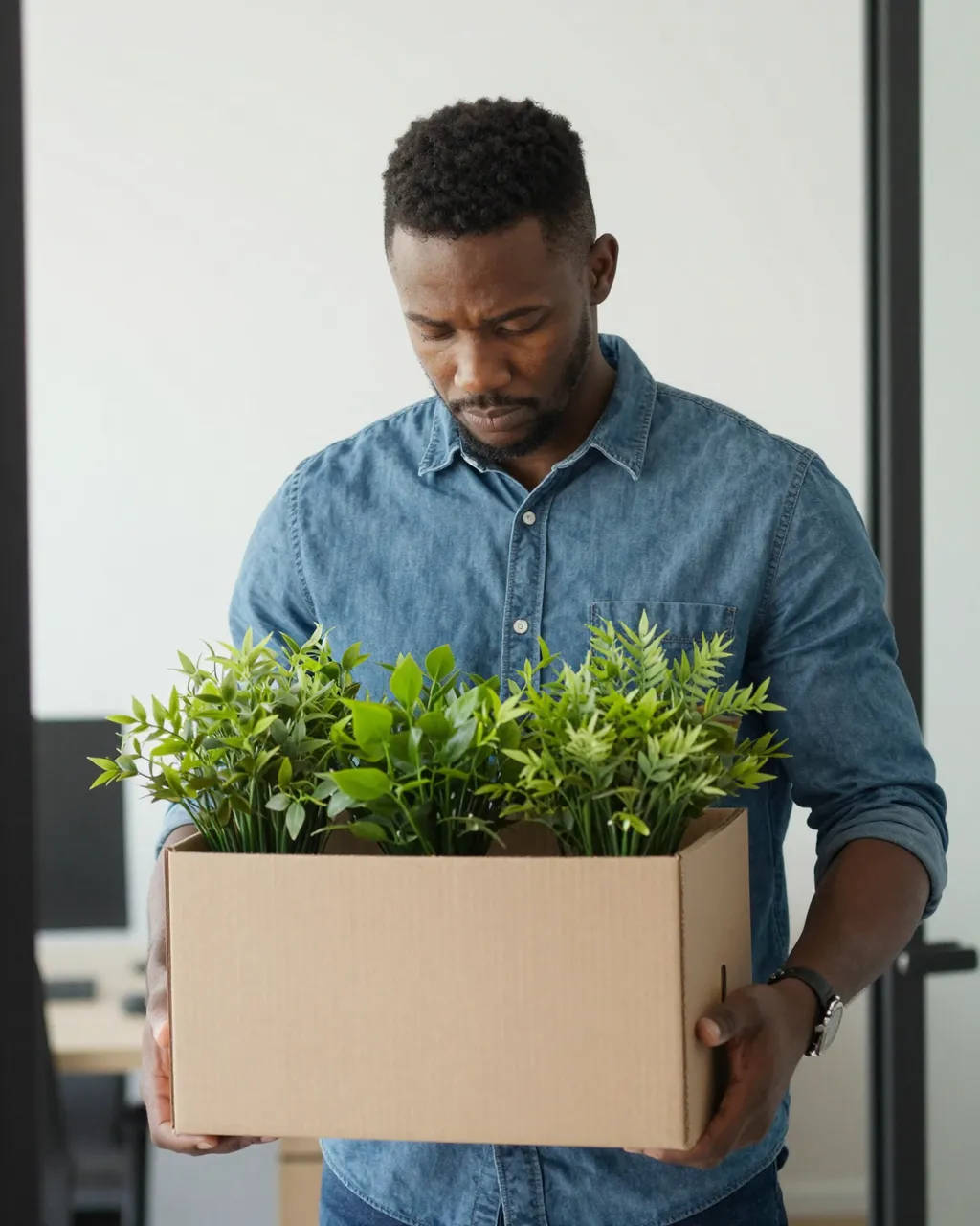 A sad Black man in his late twenties carries a plain cardboard box of desk plants looking down inside an office