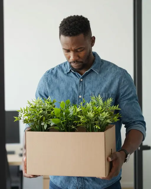 A sad Black man in his late twenties carries a plain cardboard box of desk plants looking down inside an office