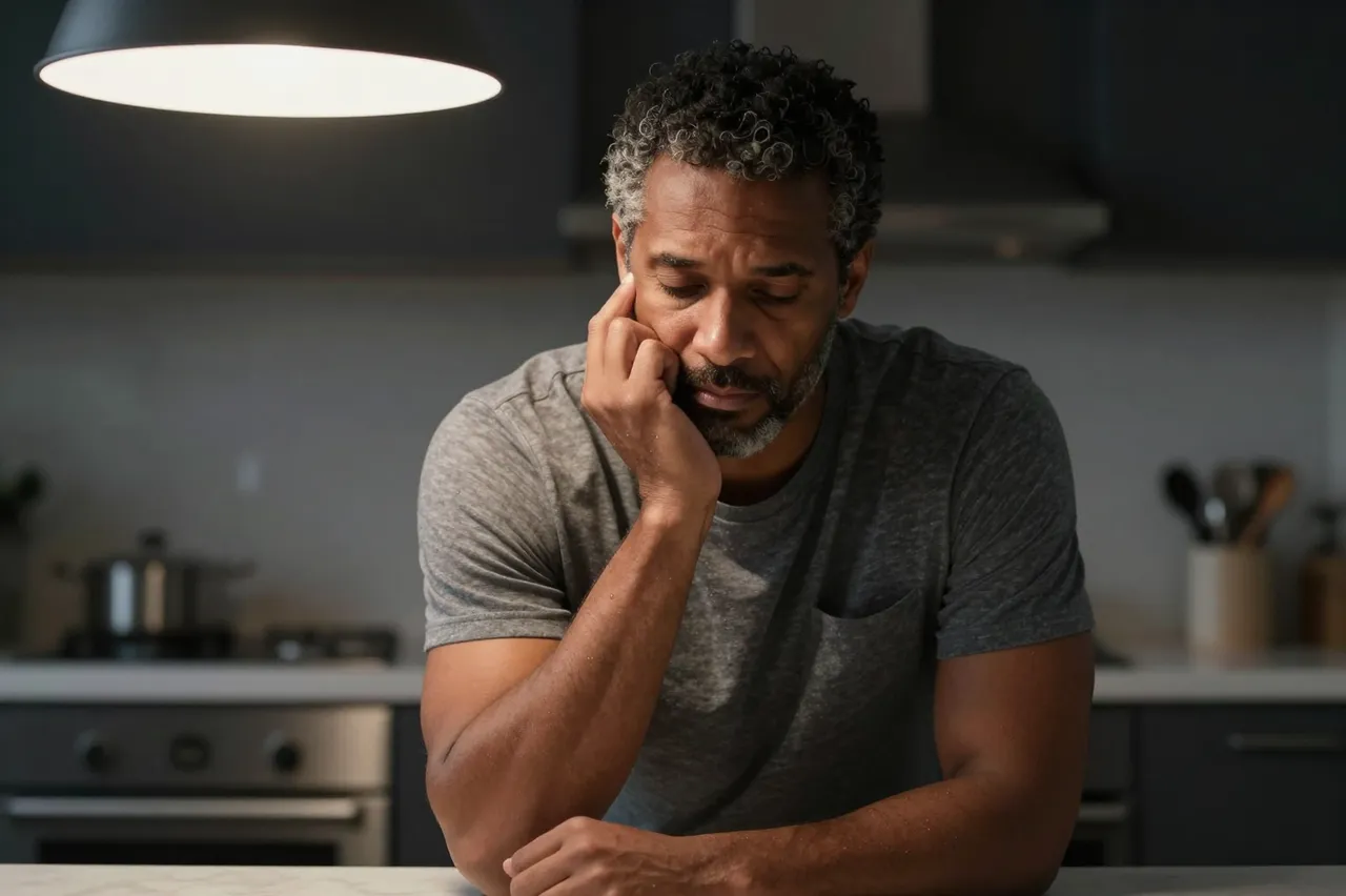 A pensive mixed-race man in his forties rests his face on his hand under a pendant lamp in a dark kitchen at night.