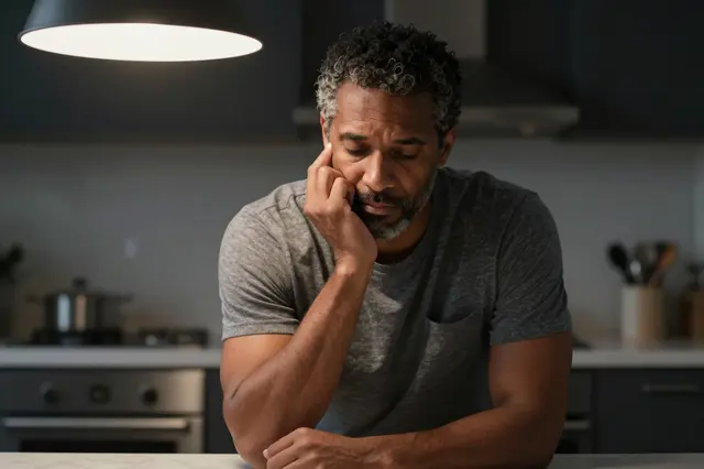 A pensive mixed-race man in his forties rests his face on his hand under a pendant lamp in a dark kitchen at night.