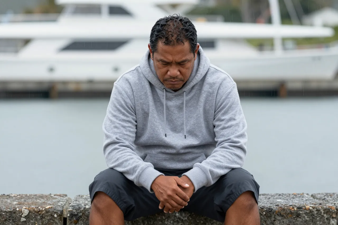 A somber middle-aged Pacific Islander man sits hunched on a concrete harbor wall in light rain
