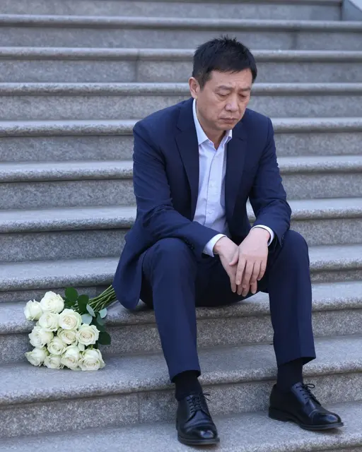 A sad middle-aged East Asian man sits on stone stairs with a bouquet of white roses beside him