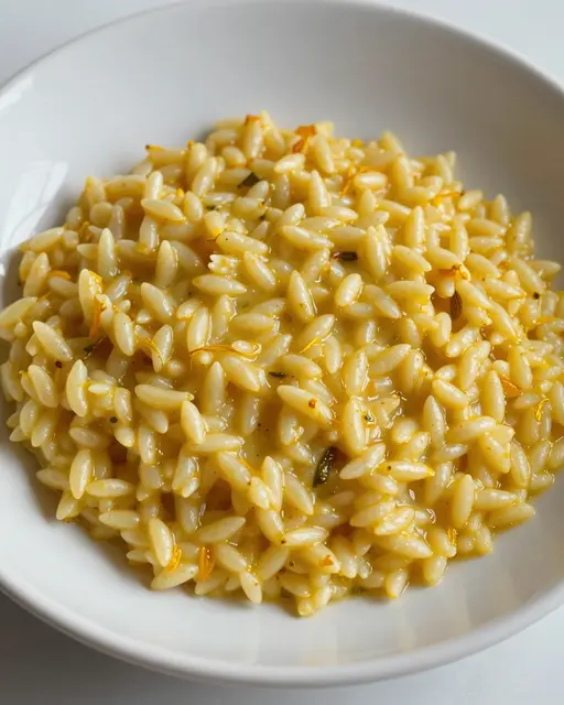 Close-up of creamy golden saffron risotto served in a plain shallow white bowl