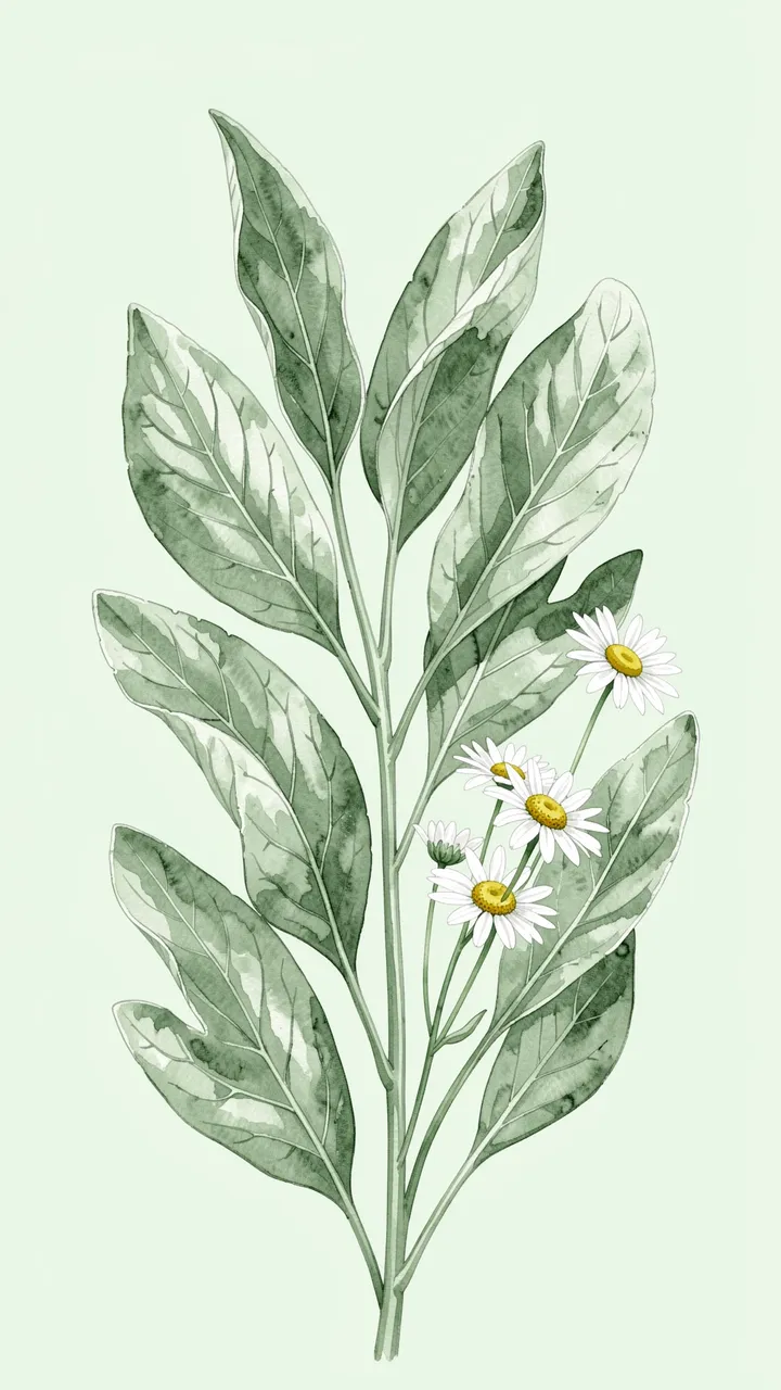 Vertical watercolor of silvery sage leaves and white chamomile blooms on a soft mint cream background