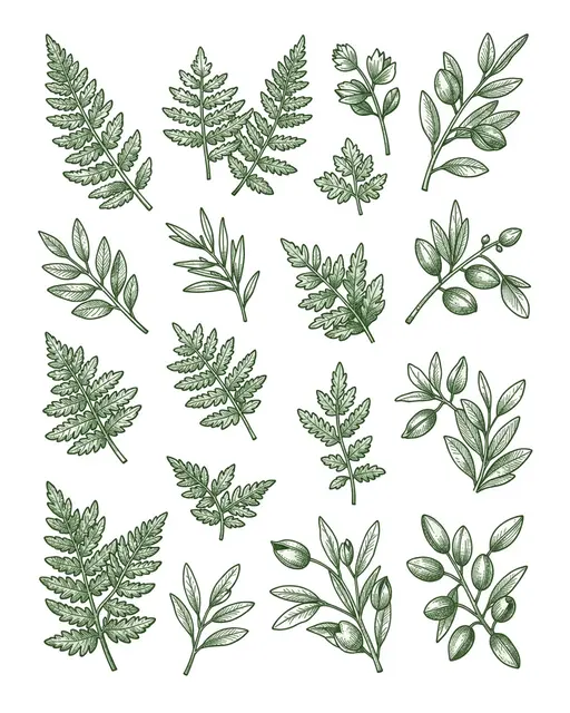 Set of hand-drawn sage green botanical sprigs arranged on a plain white background