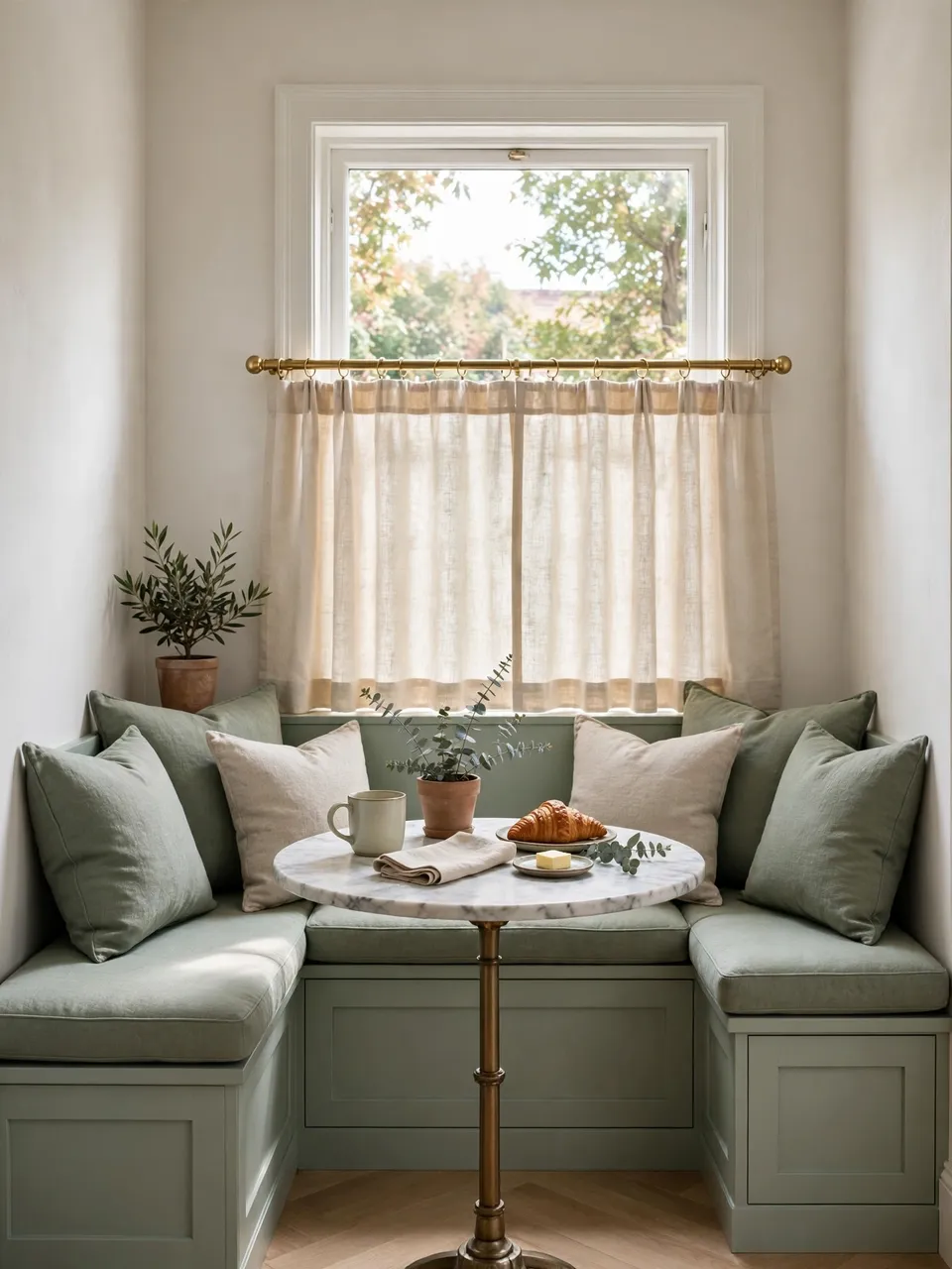 Cozy window breakfast nook with sage corner bench, marble table and sheer café curtain