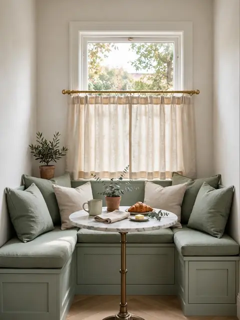 Cozy window breakfast nook with sage corner bench, marble table and sheer café curtain