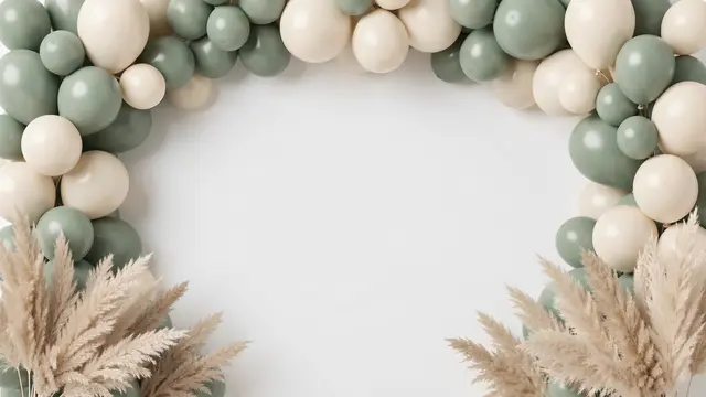 A decorative frame of sage green and cream balloons with dried pampas grass leaves empty central copy space