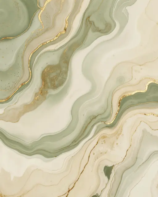 Swirling fluid art pattern in soft sage, warm cream, and metallic gold accents