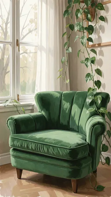 A gouache illustration of a green velvet armchair next to a sunlit window with trailing pothos plants.