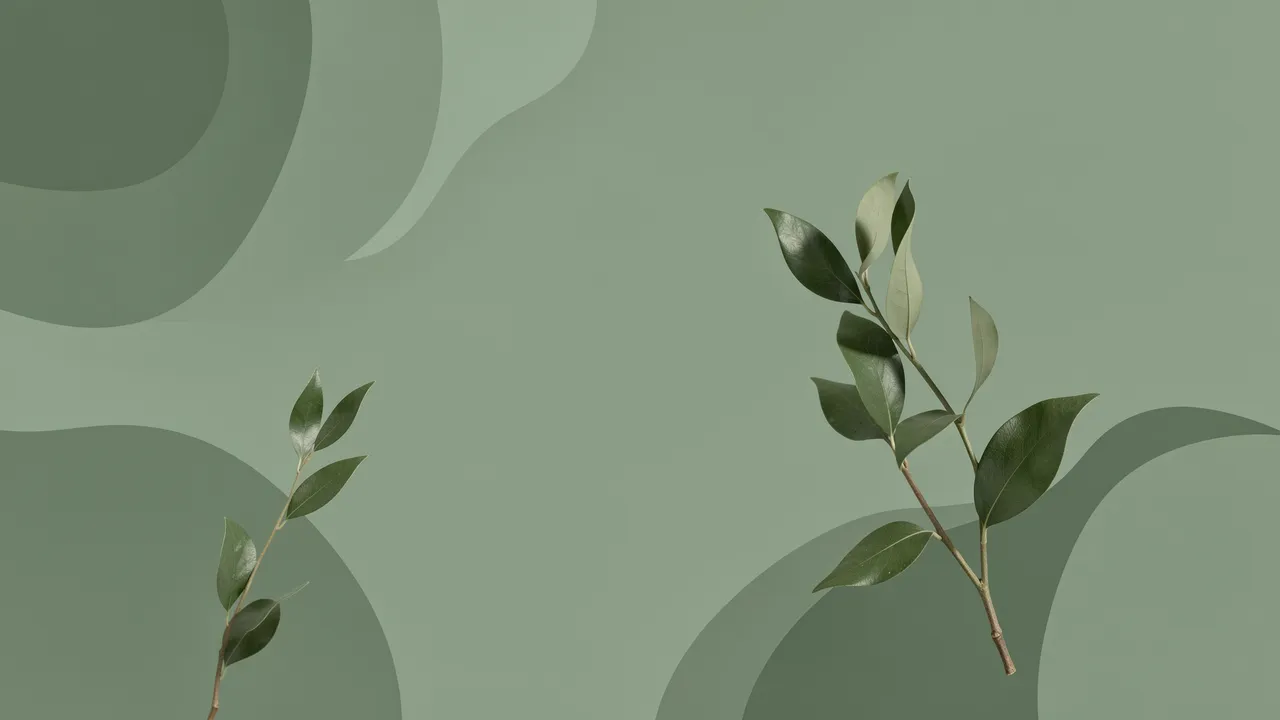 Two leafy branches rest over soft organic sage green abstract shapes with empty copy space.