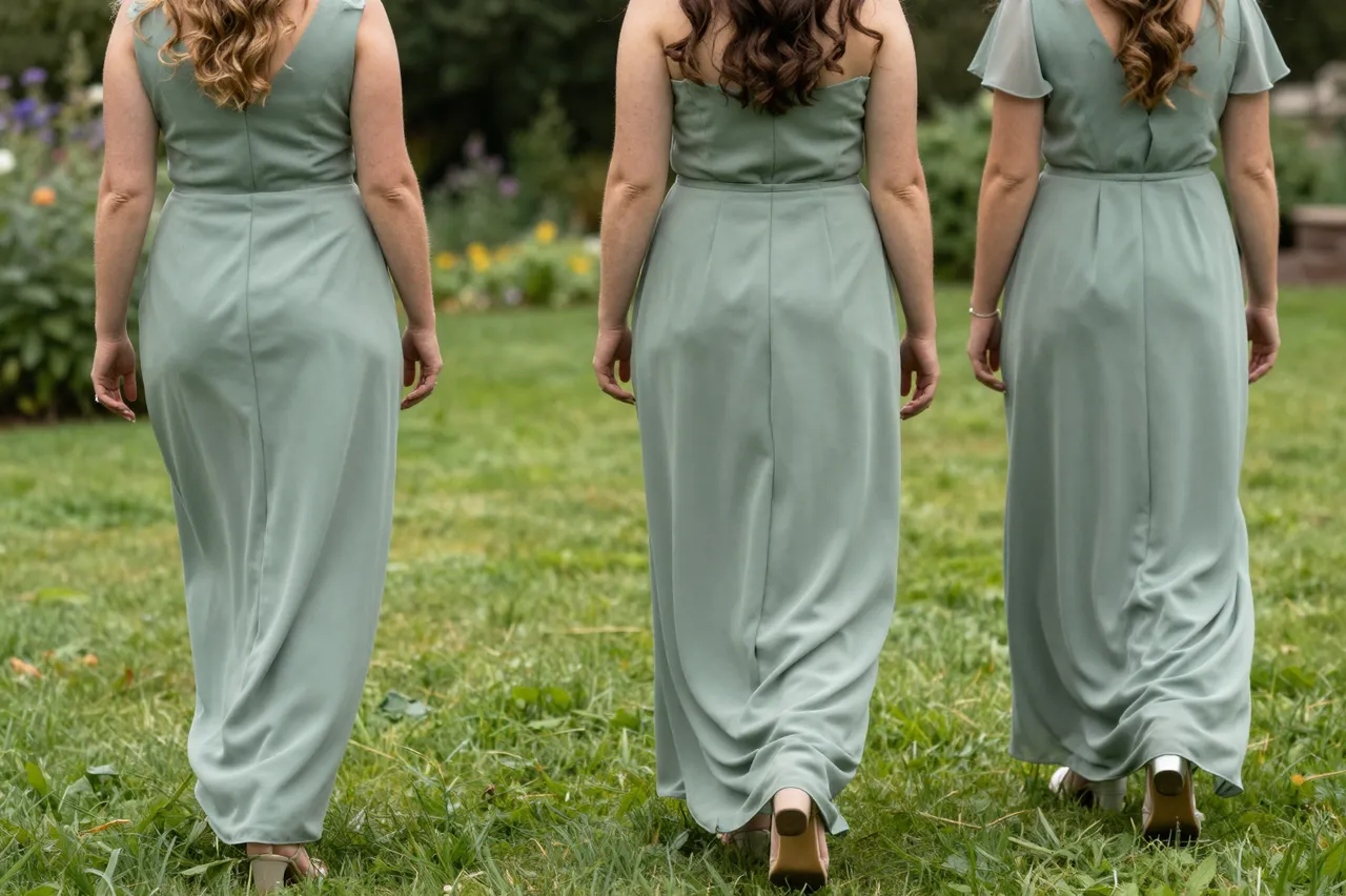 Three bridesmaids in matching sage green dresses walk away across a garden lawn seen from behind.