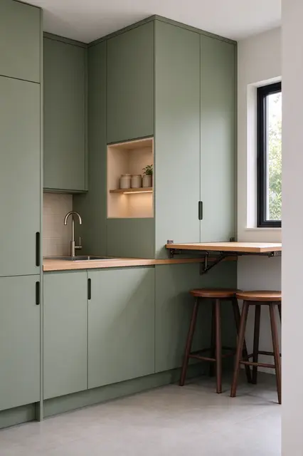 A tiny kitchen with sage cabinets, fold-down oak table and two wooden stools tucked beneath it
