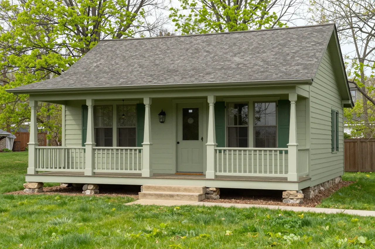 Sage green craftsman bungalow with a covered front porch set on a fresh spring lawn