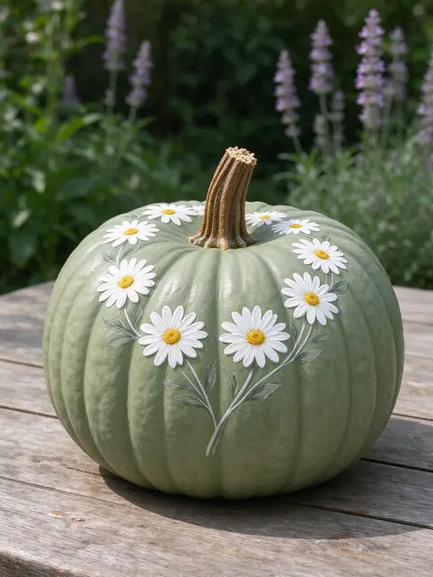 A sage green pumpkin decorated with painted white daisies sits on a wooden garden table