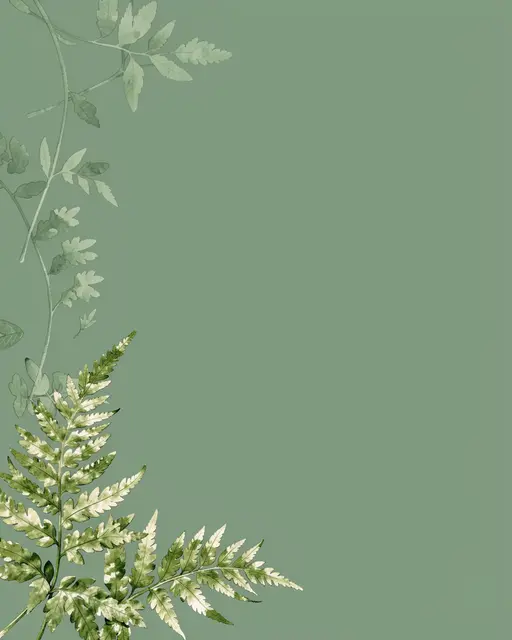 Soft sage green background with watercolor pressed fern accents along the left edge and empty copy space