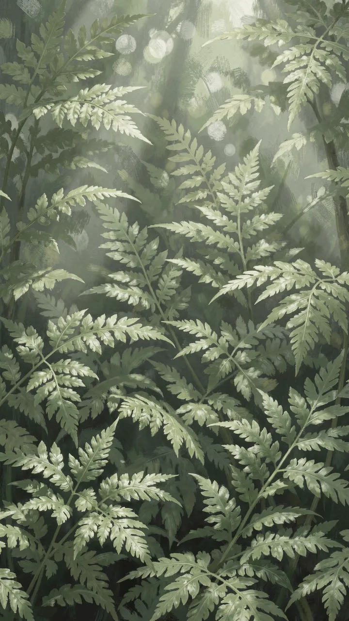 Soft focus painterly fern fronds with dappled light on a muted sage green background