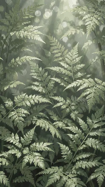 Soft focus painterly fern fronds with dappled light on a muted sage green background