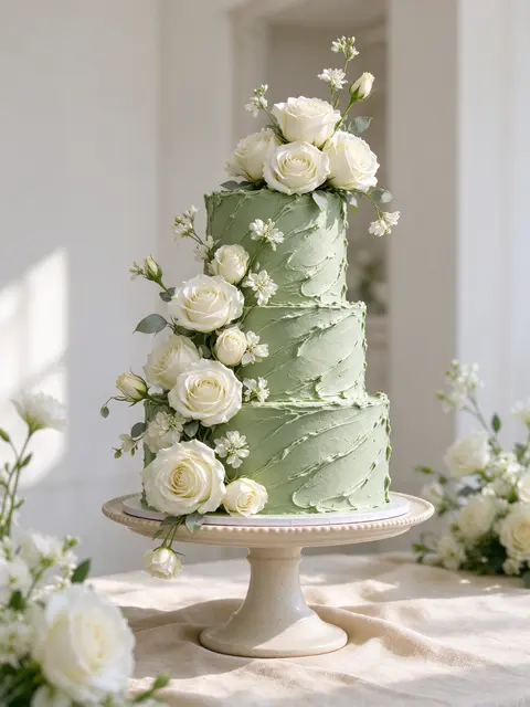 Three tier sage green palette knife buttercream wedding cake decorated with white roses on a cream ceramic stand