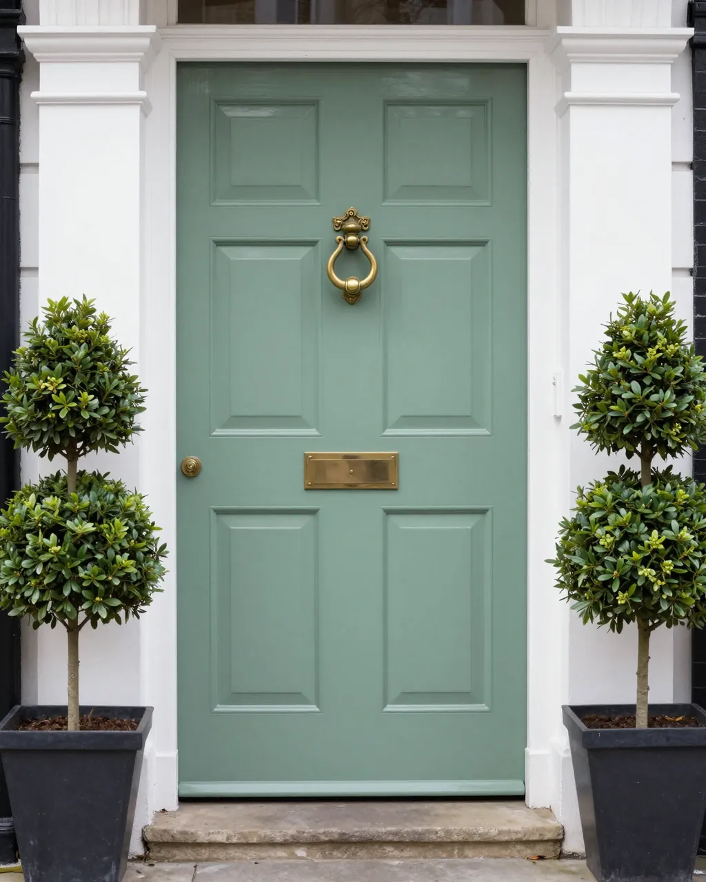 Glossy sage green paneled front door with brass hardware flanked by potted boxwood topiaries above a stone step