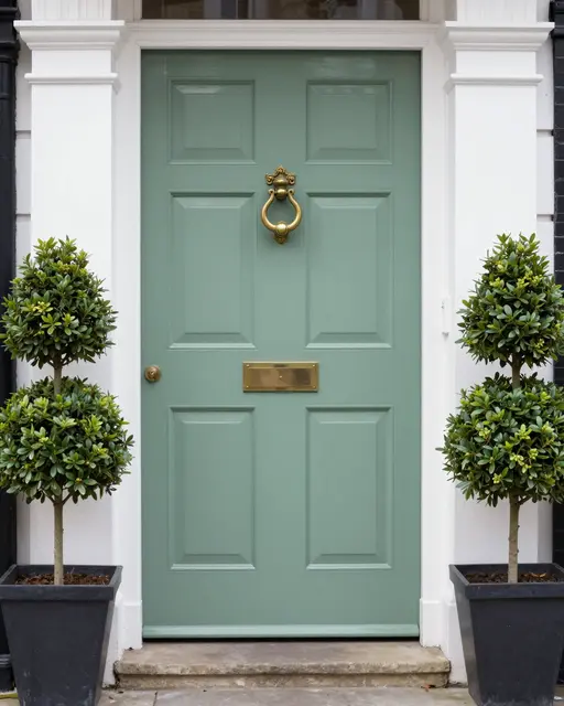 Glossy sage green paneled front door with brass hardware flanked by potted boxwood topiaries above a stone step