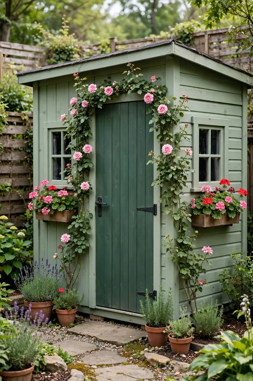 A sage green backyard garden shed adorned with climbing roses and geranium window boxes, surrounded by potted herbs.
