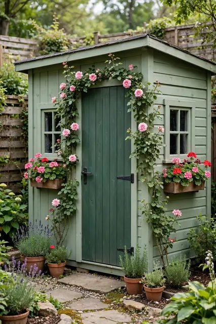 A sage green backyard garden shed adorned with climbing roses and geranium window boxes, surrounded by potted herbs.
