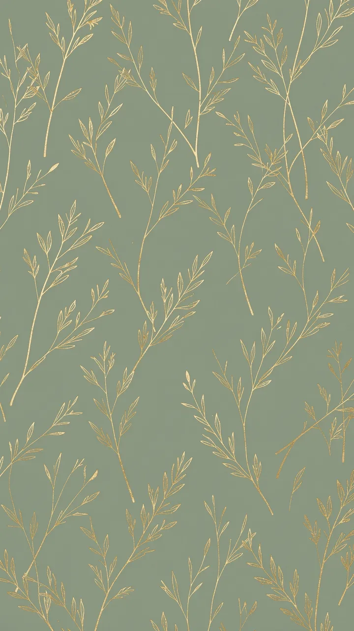Delicate thin gold botanical sprigs scattered across a muted solid sage green background