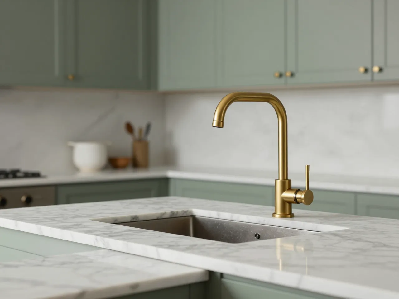 Brass kitchen tap sits on a marble island countertop in a soft sage green kitchen
