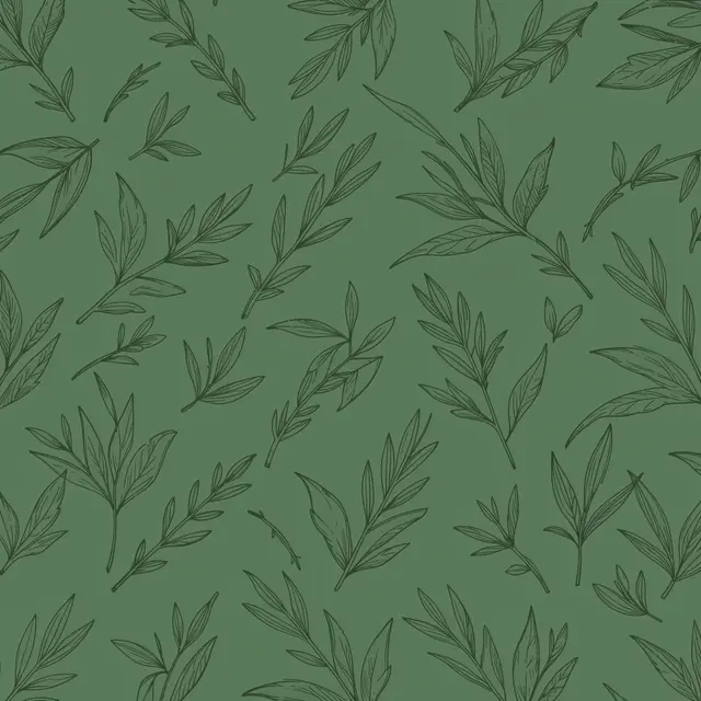 Seamless tone-on-tone pattern of hand-drawn leaf sprigs on a solid sage green background