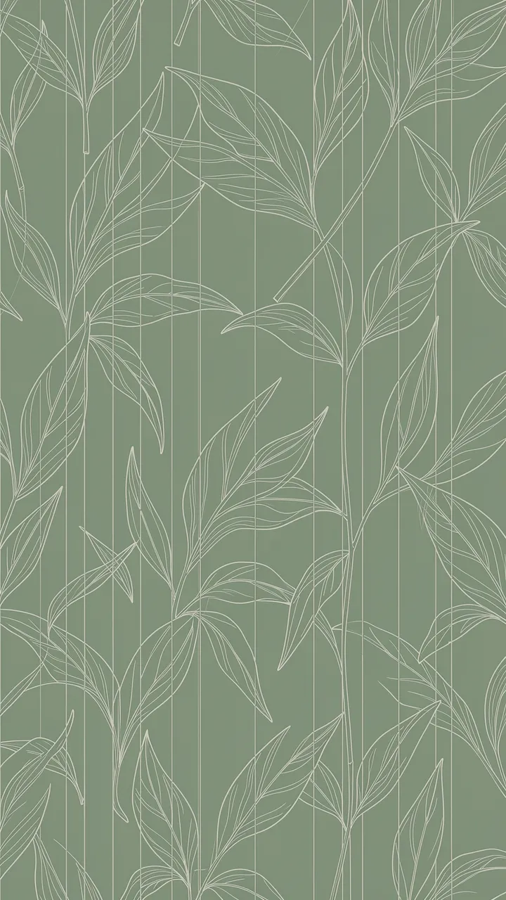 Minimalist line art leaf pattern on a muted sage green vertical background