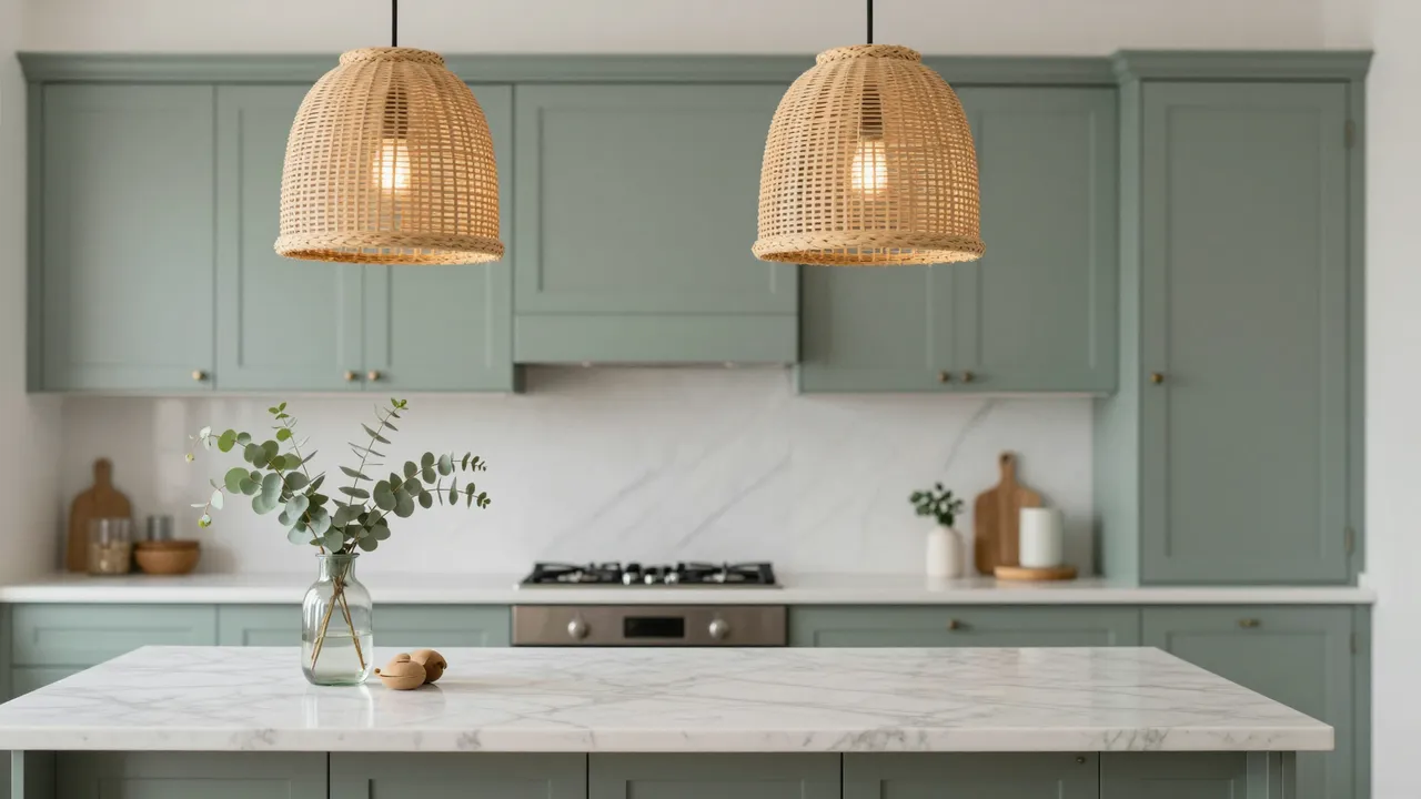 Bright modern kitchen with sage cabinets, marble island, rattan pendants and eucalyptus vase