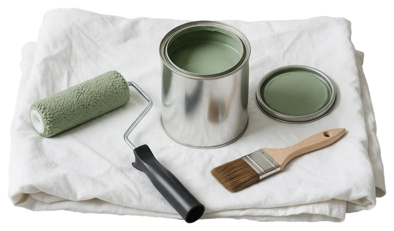 Paint roller, brush, and open sage green paint tin rest on a white dust sheet