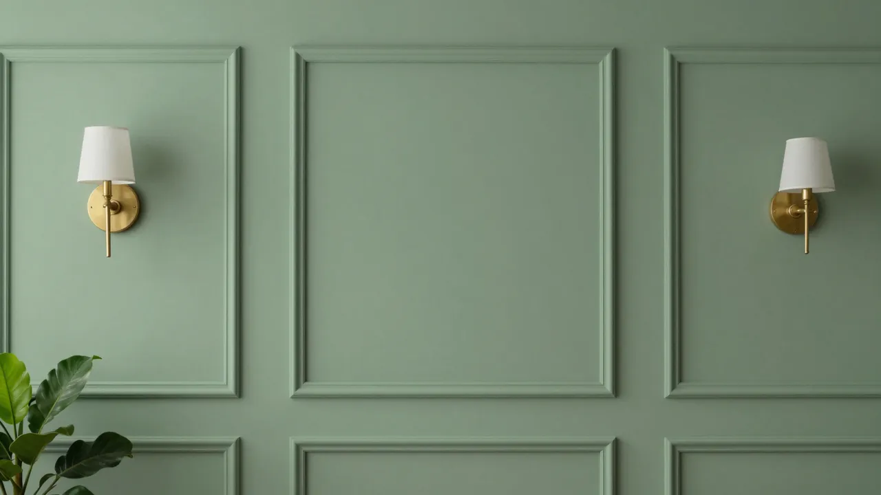 Sage green wall with decorative paneling, two brass wall sconces, and a houseplant in the lower left corner