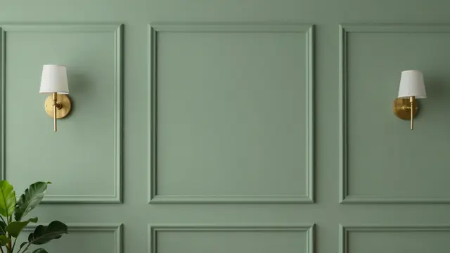 Sage green wall with decorative paneling, two brass wall sconces, and a houseplant in the lower left corner