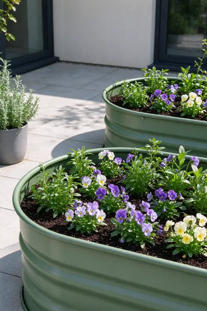 Two oval sage green metal raised garden beds planted with violas and herbs sit on a sunny tiled patio