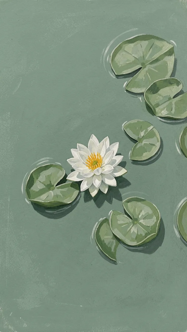 Top-down gouache illustration of a single white water lily and lily pads on calm sage green pond water