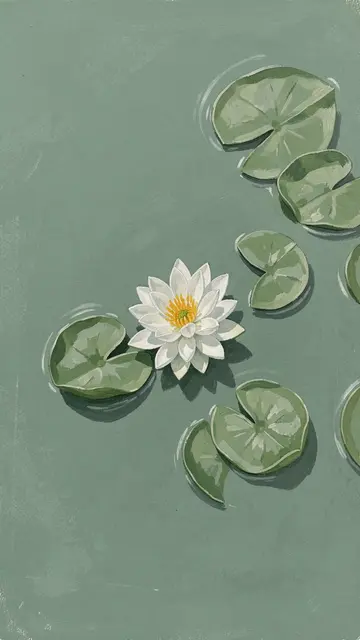 Top-down gouache illustration of a single white water lily and lily pads on calm sage green pond water