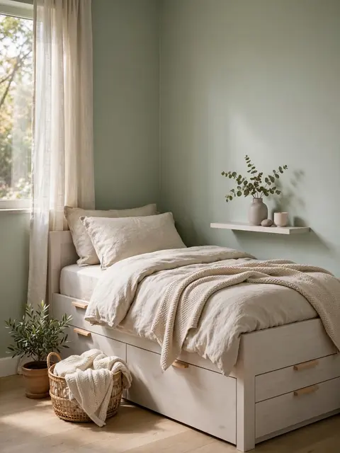 Sunlit small bedroom with pale ash storage bed, floating wall shelf, and soft sage painted walls
