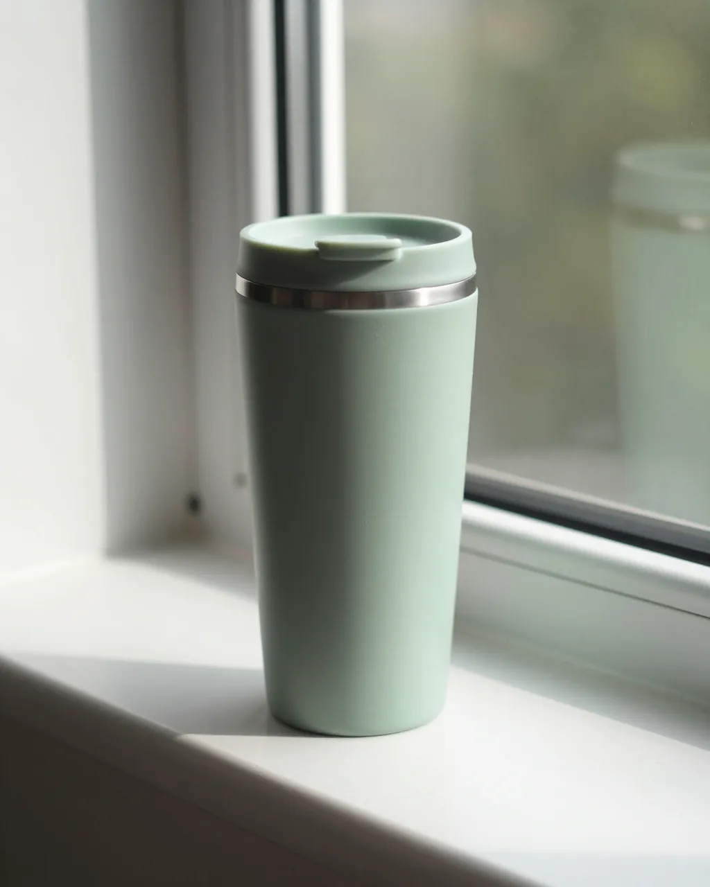 A plain matte sage green insulated tumbler with a lid sits on a sunlit white windowsill