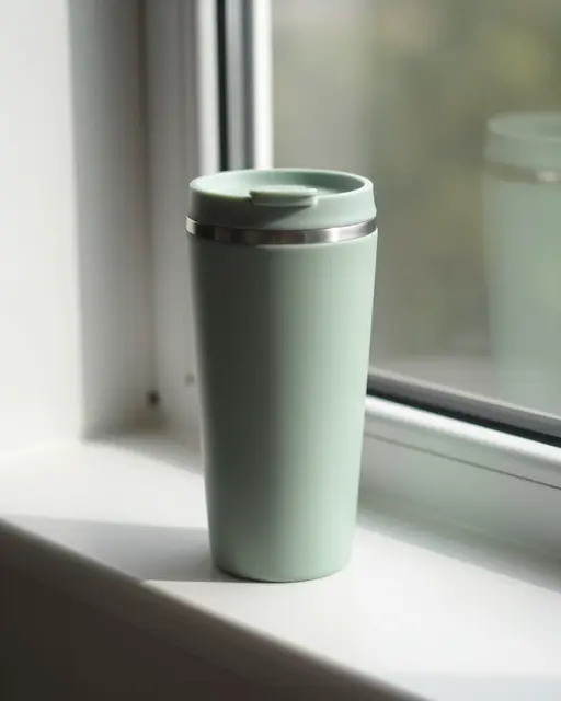 A plain matte sage green insulated tumbler with a lid sits on a sunlit white windowsill