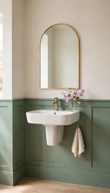 A tidy powder room with green wainscoting, wall-hung sink, arched gold mirror and sweet pea flowers