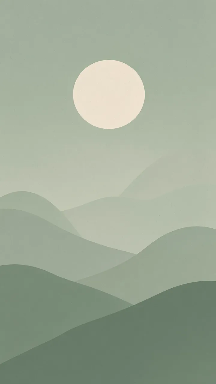 Minimal layered sage green hills under a round pale cream full moon with a soft matte paper texture