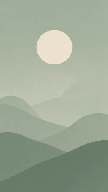 Minimal layered sage green hills under a round pale cream full moon with a soft matte paper texture